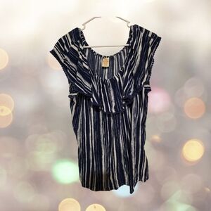 Faded Glory XXL Blue & White Ruffle Blouse Boho Cap Sleeve Top